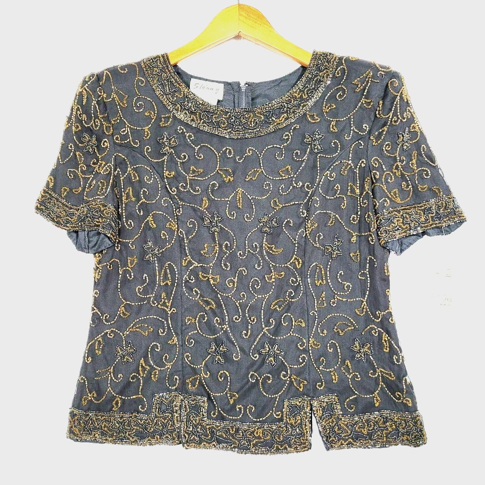 Stenay Beaded Top Large Black Silk Back Zip Formal Party Cruise 90's Vintage Tag